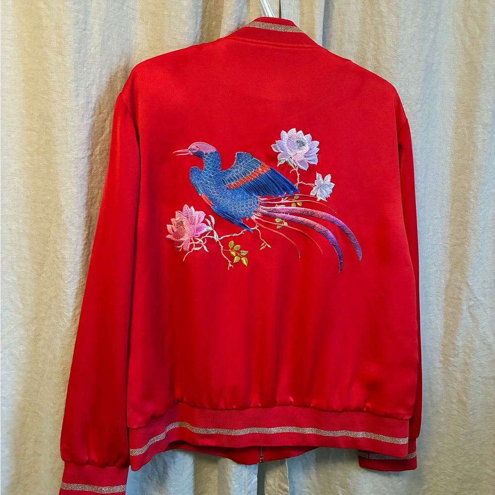 Ted Baker Red Satin Bomber Jacket with Blue Bird Embroidery Fits Large